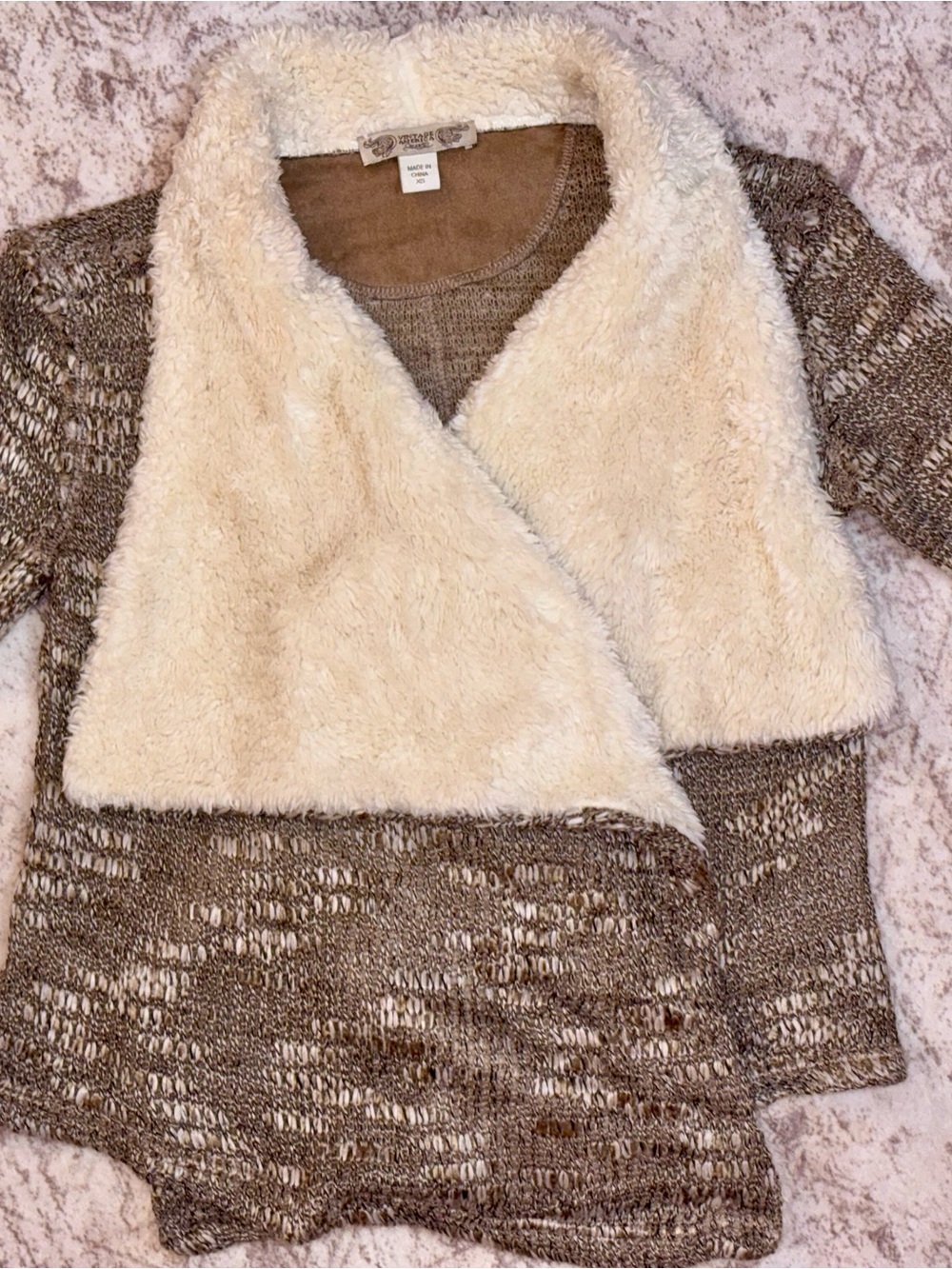 Cozy Cream Faux-Sherpa & Brown Knit Women's Sweater